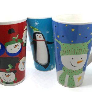 Five Matching Tall Christmas Coffee Mugs